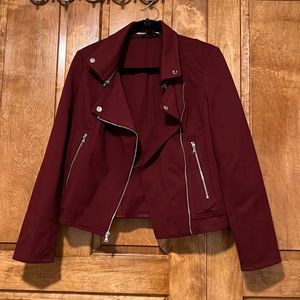 Express maroon moto jacket with silver zipper accents